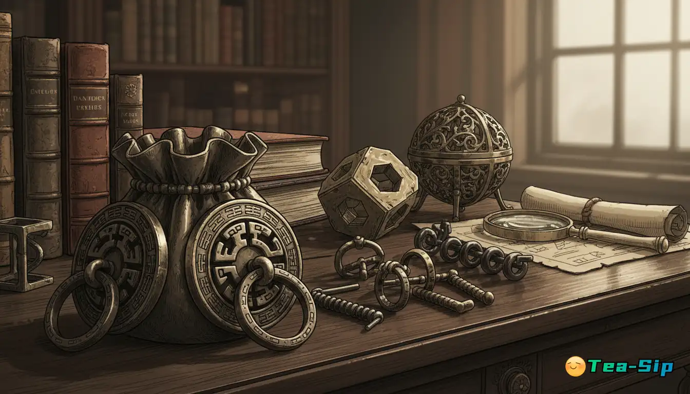 antique style metal brain teaser guide by Tea Sip