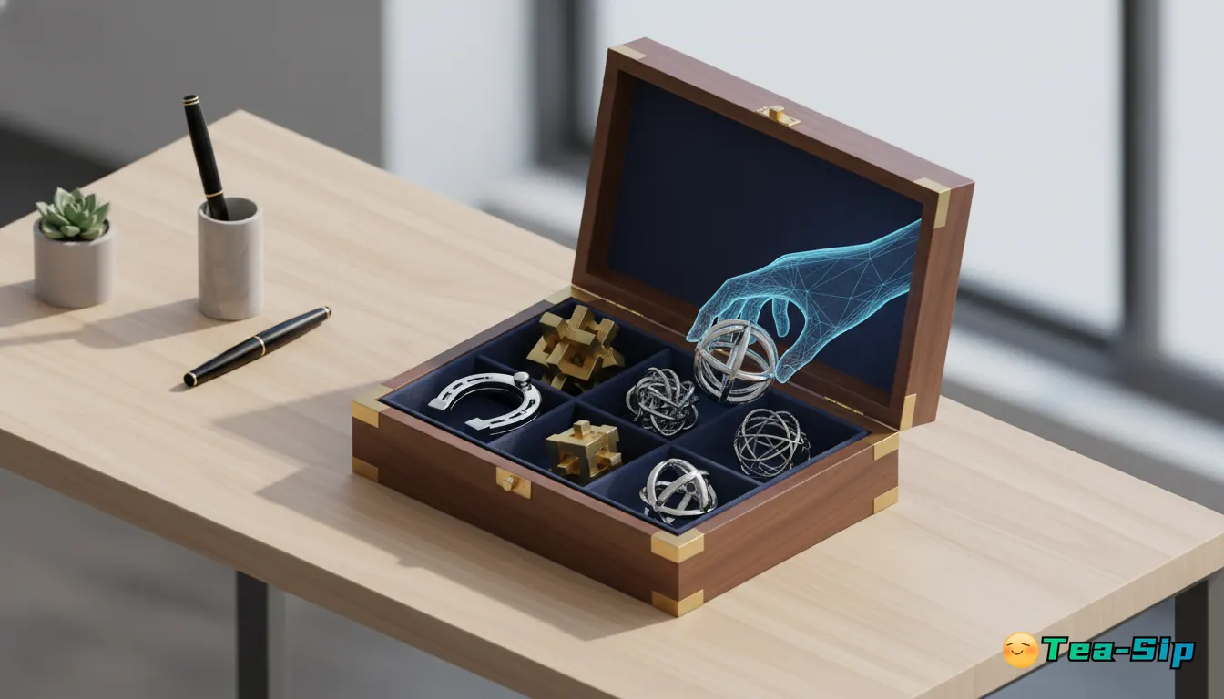 metal puzzle set with storage box guide by Tea Sip