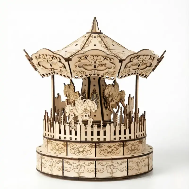 3d Wooden Carousel Music Box4